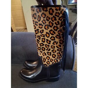Coach Rubber Rain Boots sz 6 Tristee Black Brown Leopard Print Tie Lace New York